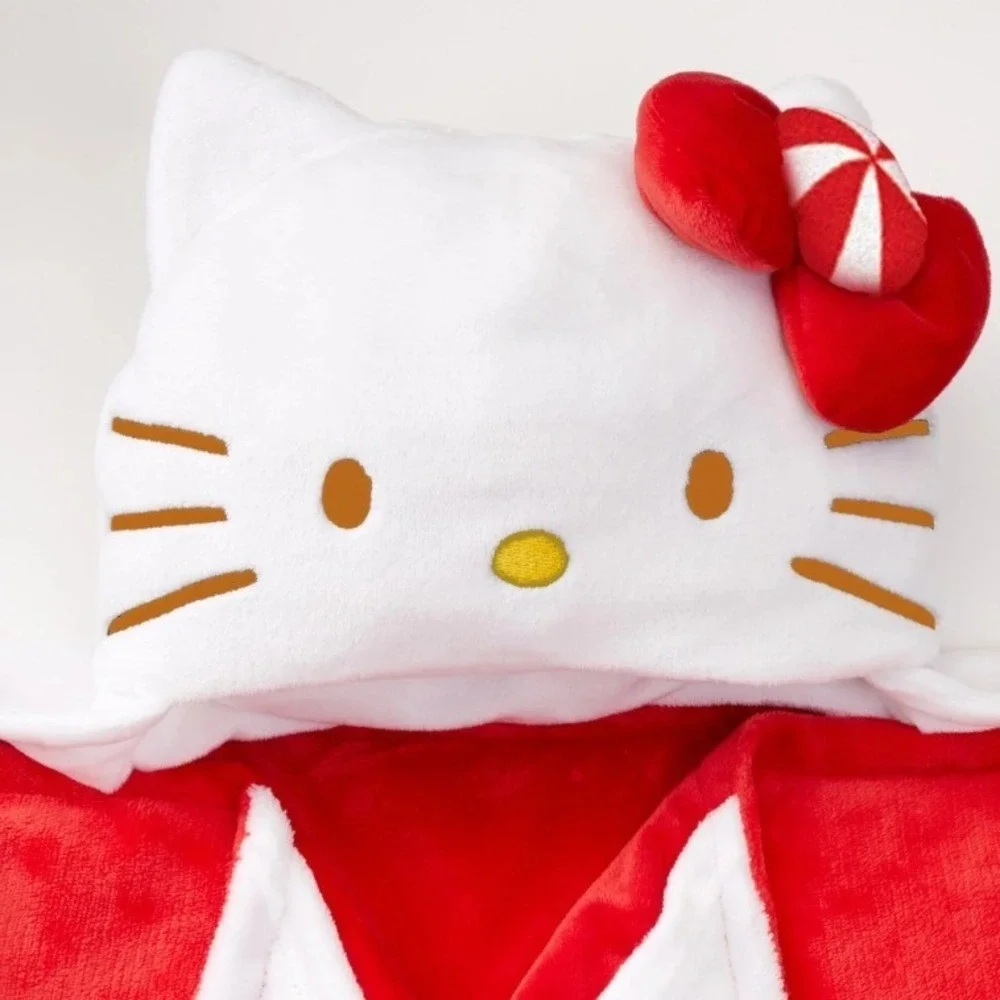 Hello Kitty Hooded Throw Blanket Red Peppermint Bow Kids Wearable‎ Plush 30x50